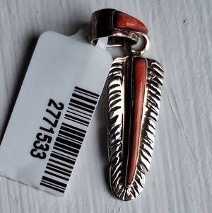 Silver Feather Pendant With Orange Coral Inlay 925 Phillipines New w/ Tags